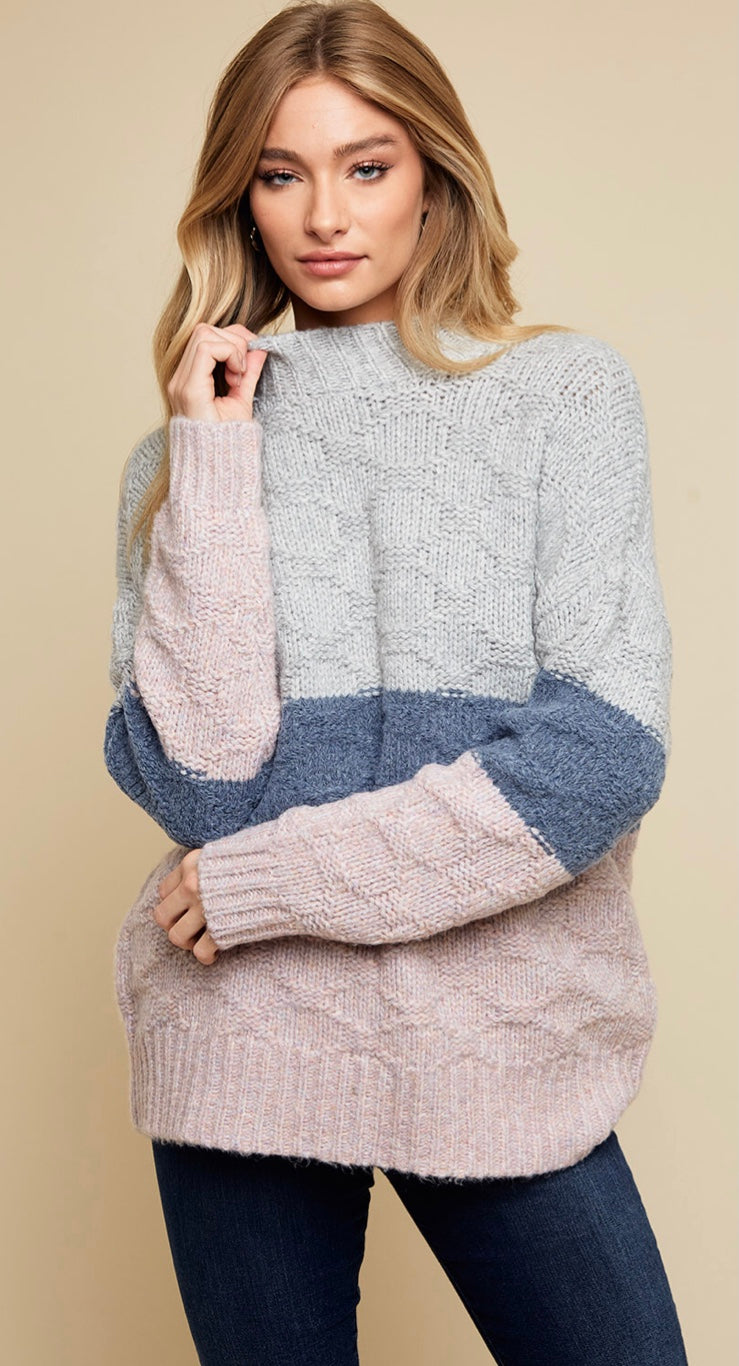 Cozy Mock Neck Twisted Knit Color Block Sweater