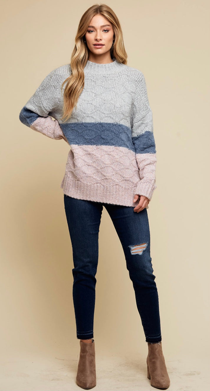 Cozy Mock Neck Twisted Knit Color Block Sweater