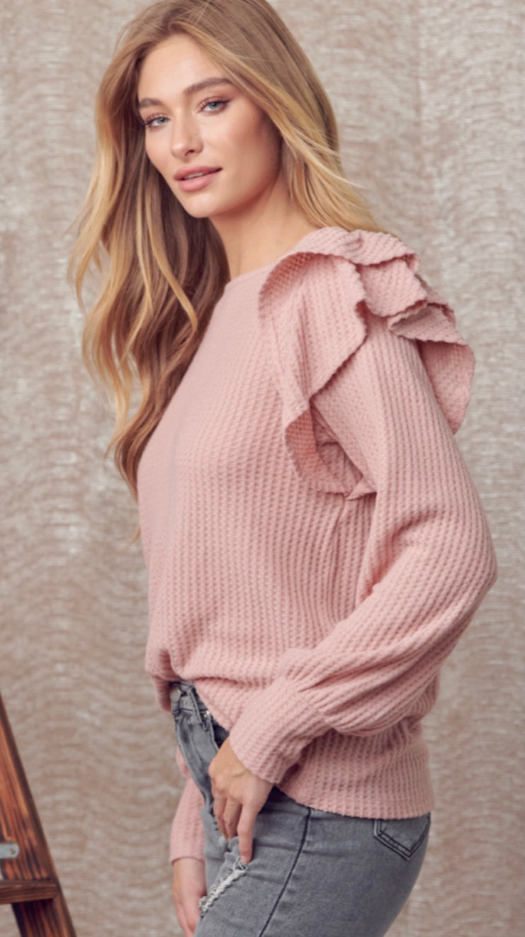 Cozy Ruffle Shoulder Waffle Knit Top