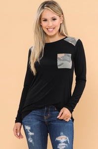 Cozy Black Long Sleeve Camo Accent