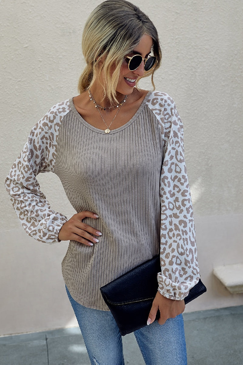 Cozy Ribbed Leopard Sleeve Top