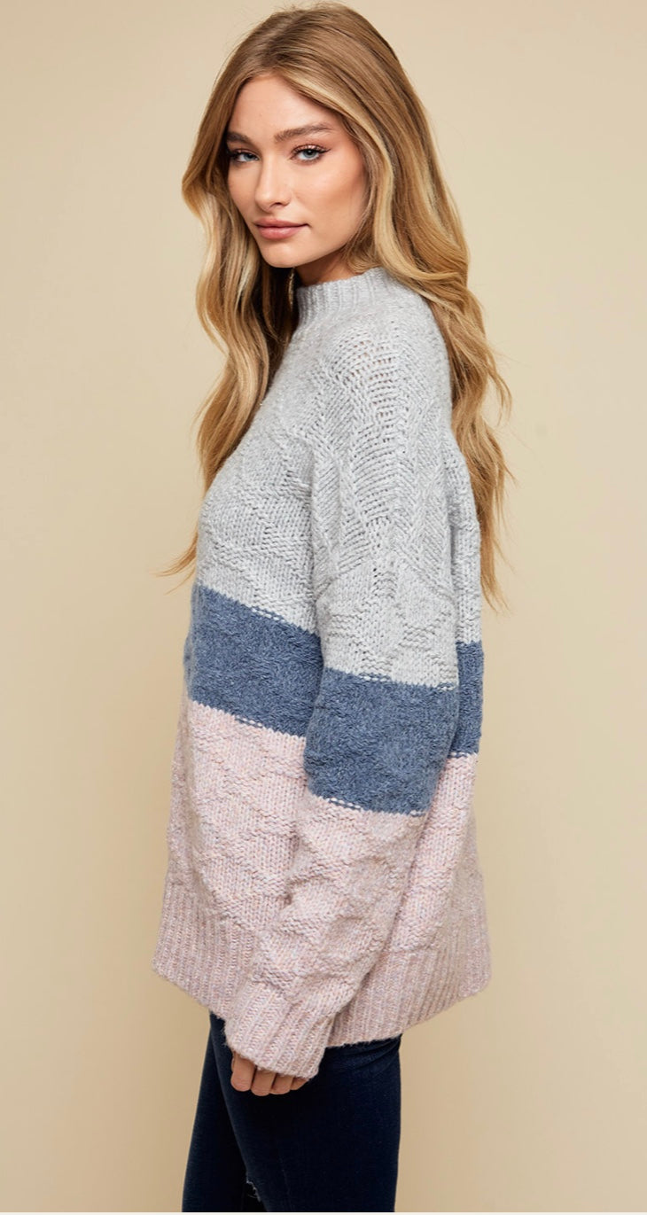 Cozy Mock Neck Twisted Knit Color Block Sweater