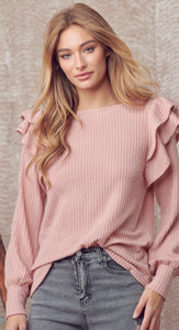 Cozy Ruffle Shoulder Waffle Knit Top