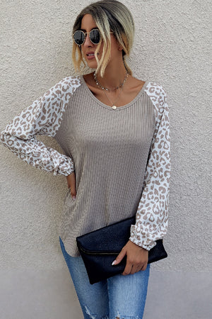 Cozy Ribbed Leopard Sleeve Top