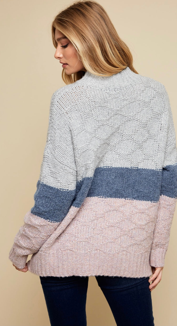 Cozy Mock Neck Twisted Knit Color Block Sweater