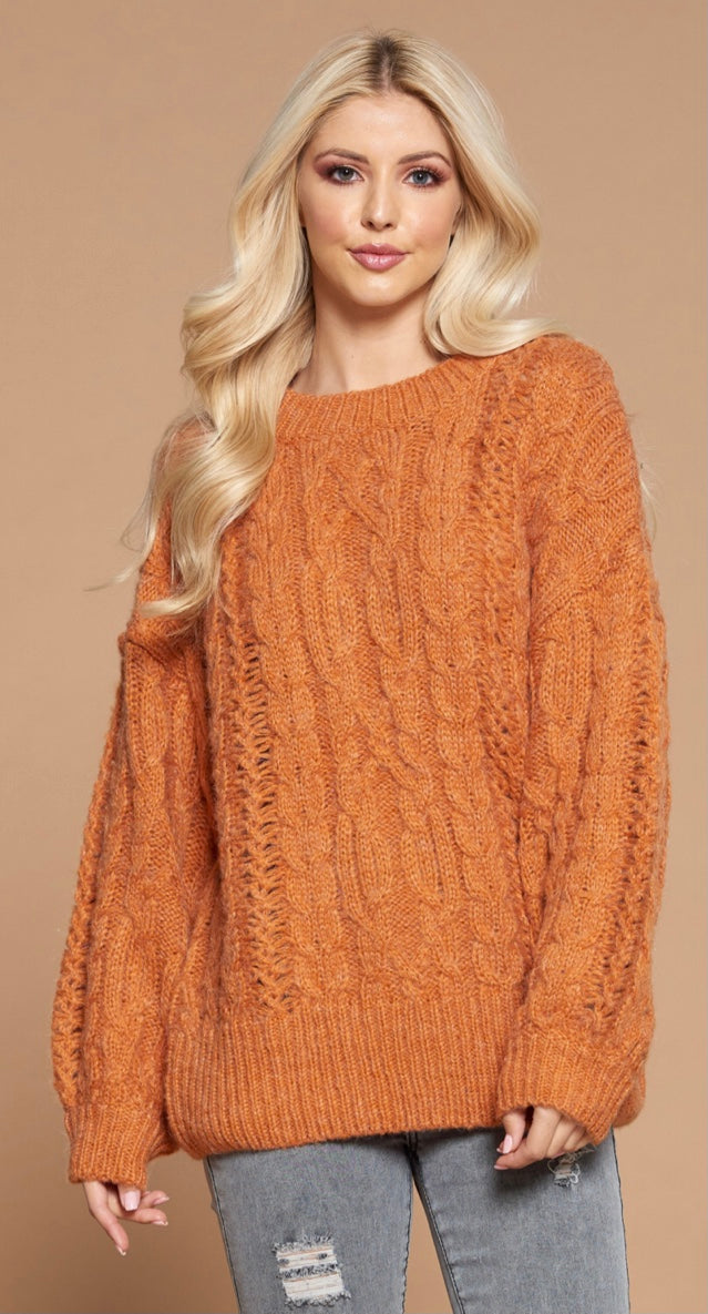 Cozy Rust Cable Knit Sweater