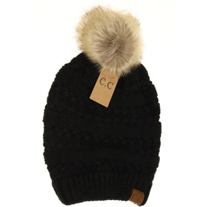 Cozy Whipstitch Knit Faux Fur Pom Beanie