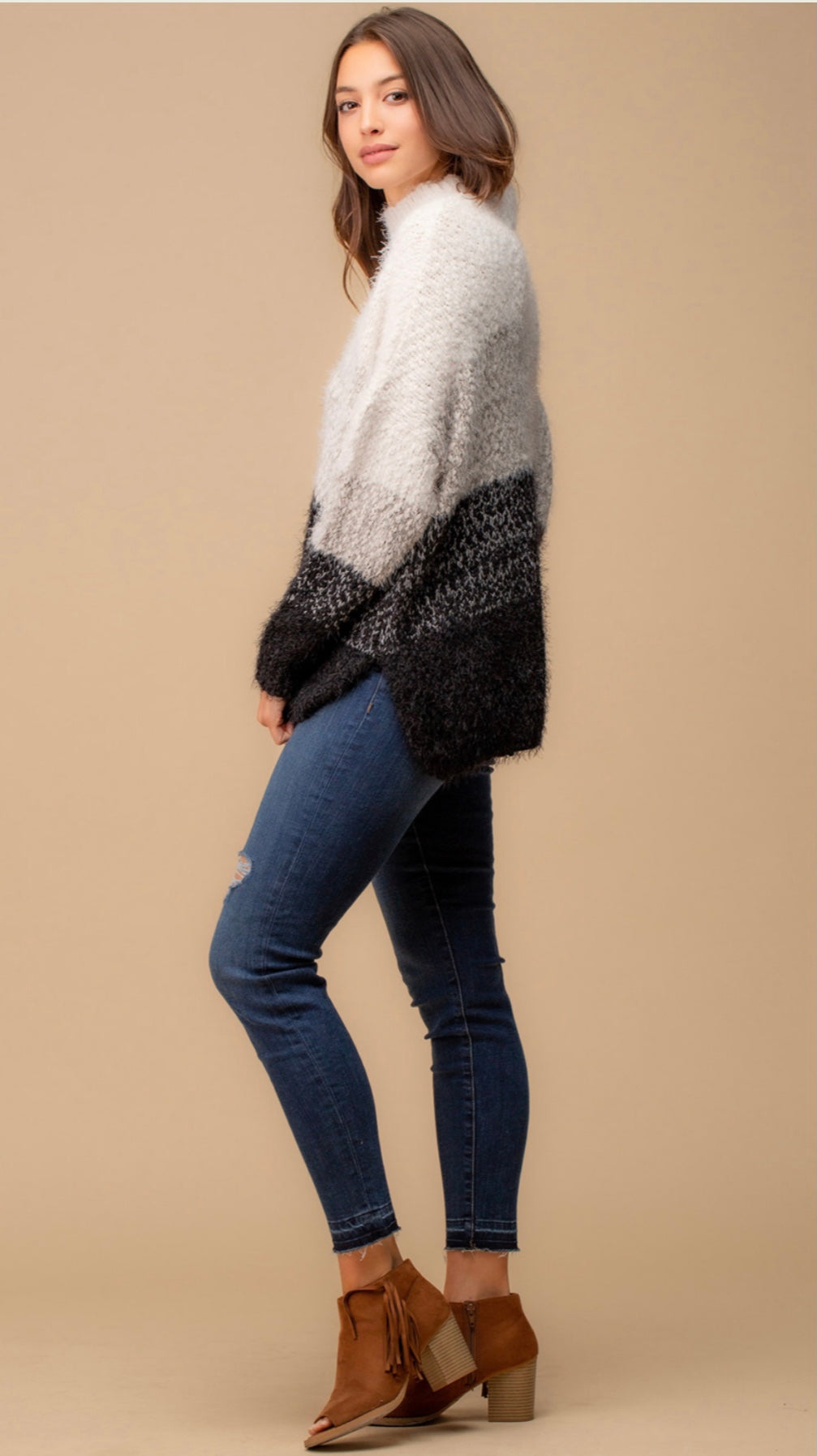 Cozy Color Block White to Black Oversize Sweater