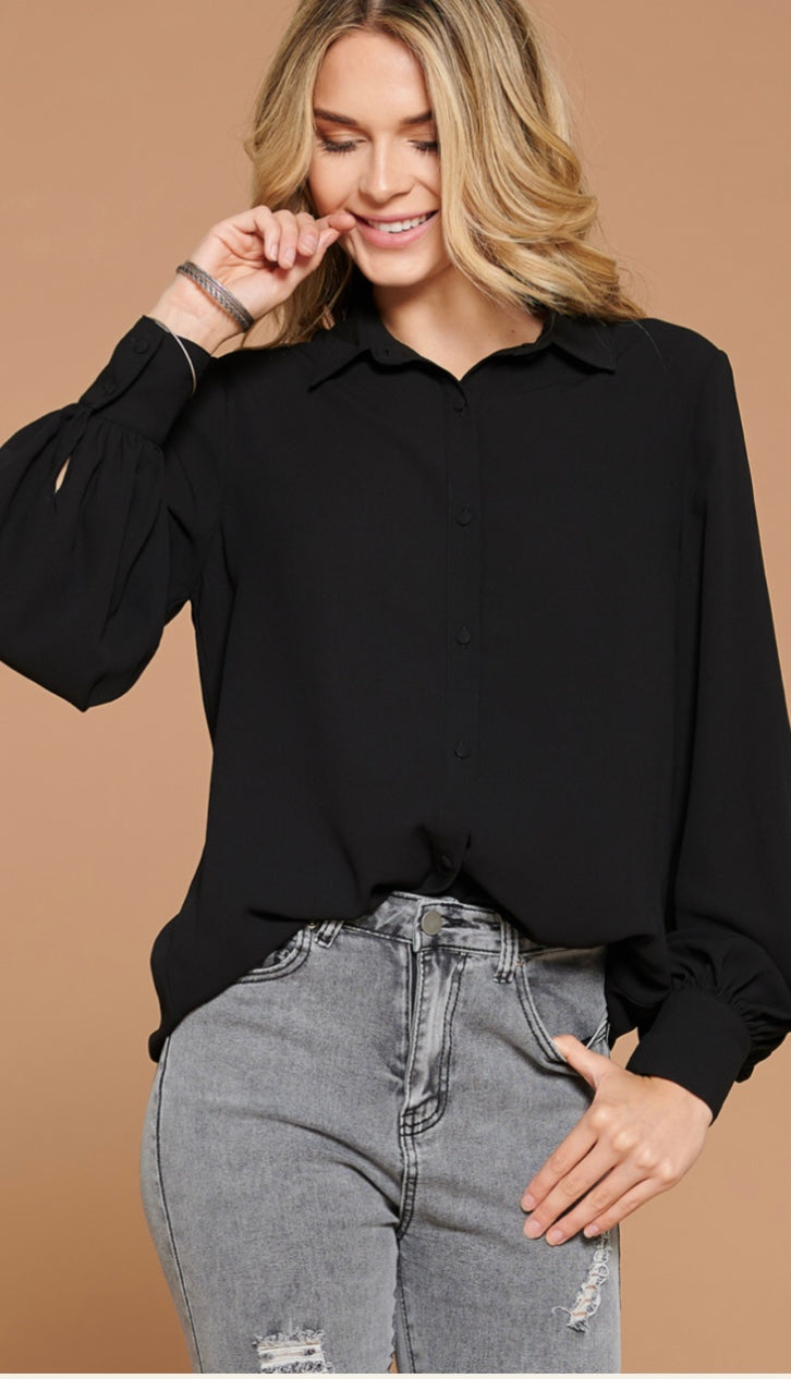 Cozy Button Down Balloon Sleeve Blouse