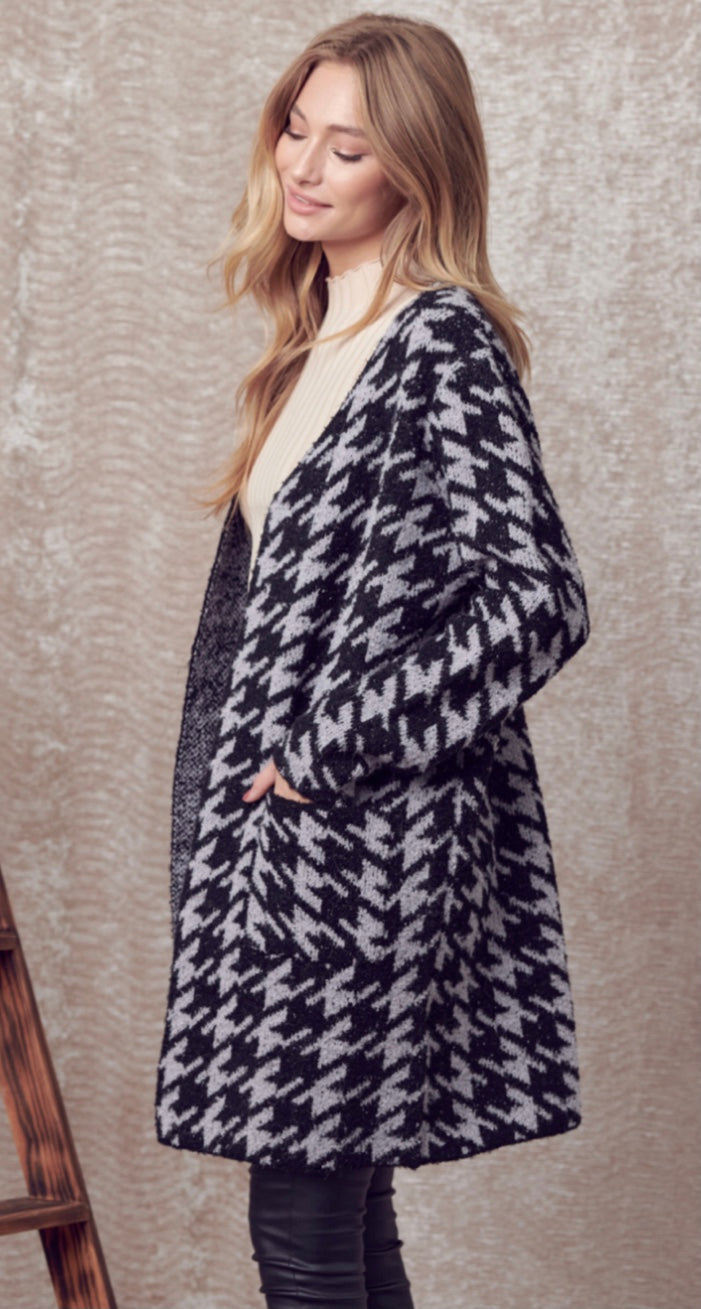 Cozy Open Front Houndstooth Cardigan