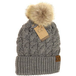 Cozy Ribbed Cable Knit Fur Pom Beanie