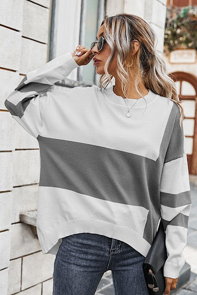 Cozy Grey and White Color Block Sweatshirt