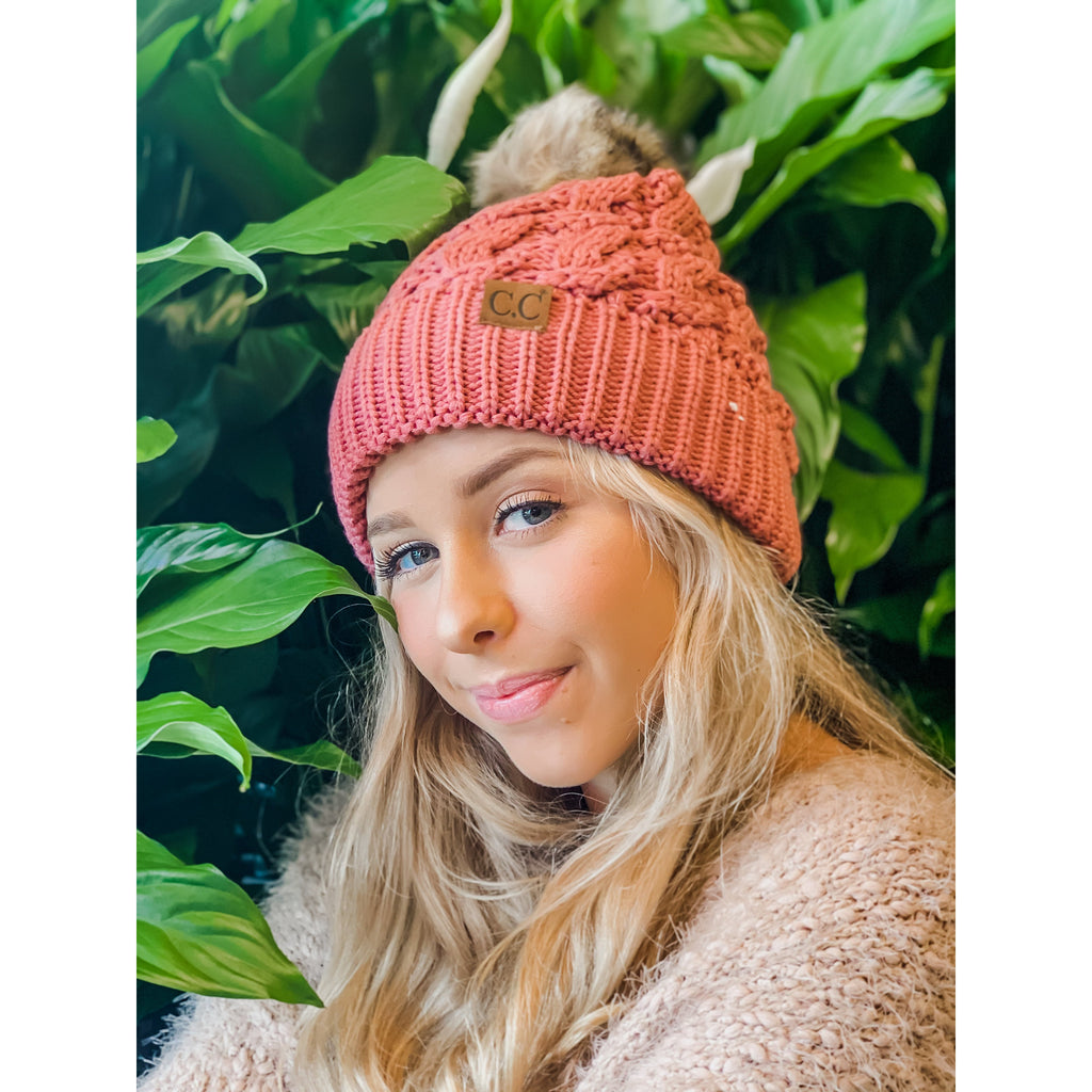 Cozy Ribbed Cable Knit Fur Pom Beanie