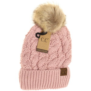 Cozy Ribbed Cable Knit Fur Pom Beanie